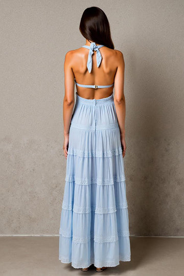 Robe de soirée froncée bleu ciel licol